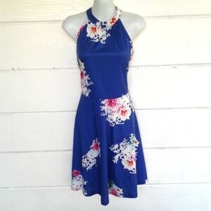Ouges Blue Floral Halter Dress Fit & Flare Sleeveless Back Tie Party Medium 